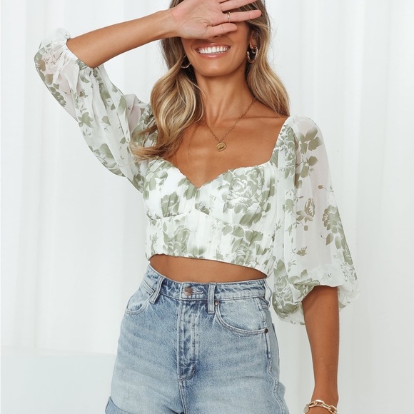 HELLO MOLLY Pretty Polly Green White Floral Tie Back Crop Top with Sleeves XS - Picture 1 of 13